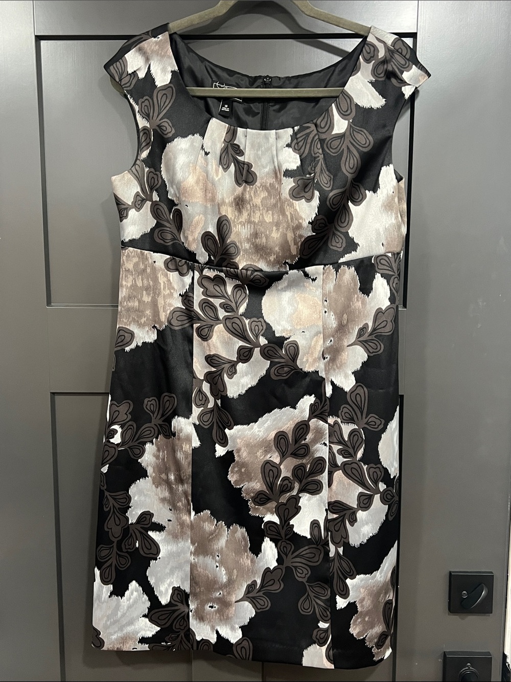 dressbarn Black and Taupe Floral-Print Midi Sheath Dress